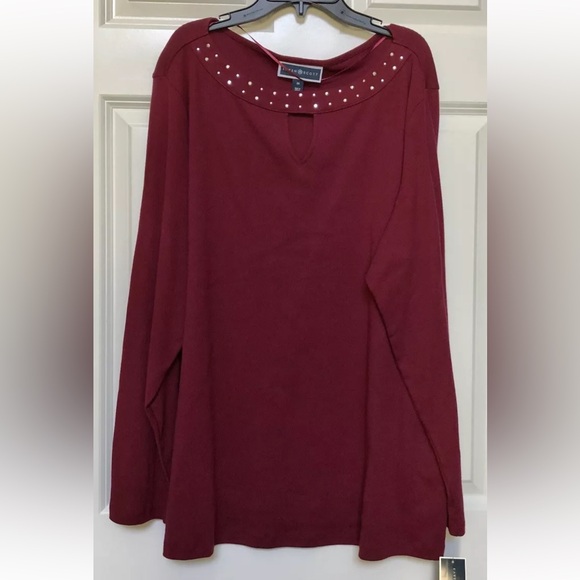 Karen Scott Tops - Karen Scott Size 2X Slip Neck Top Burgandy Pullover Long Sleeves 100% Cotton